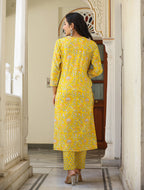 Kaajh Women's Sun Flower Yellow Handblock Cotton Kurta Set With Trouser And Dupatta | Grocsy