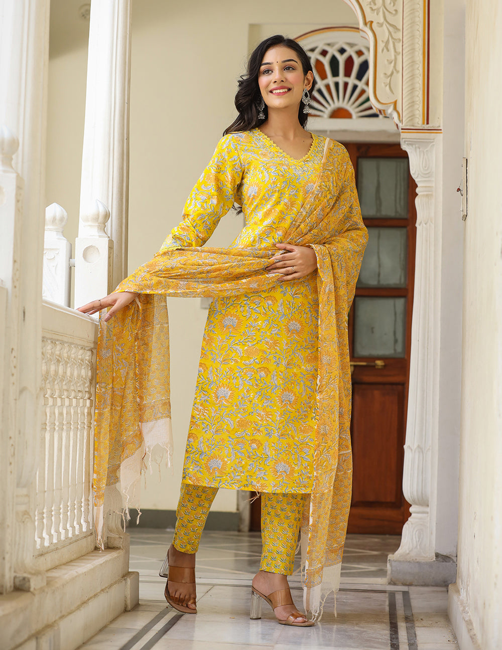 Kaajh Women's Sun Flower Yellow Handblock Cotton Kurta Set With Trouser And Dupatta | Grocsy