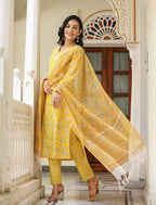 Kaajh Women's Sun Flower Yellow Handblock Cotton Kurta Set With Trouser And Dupatta | Grocsy