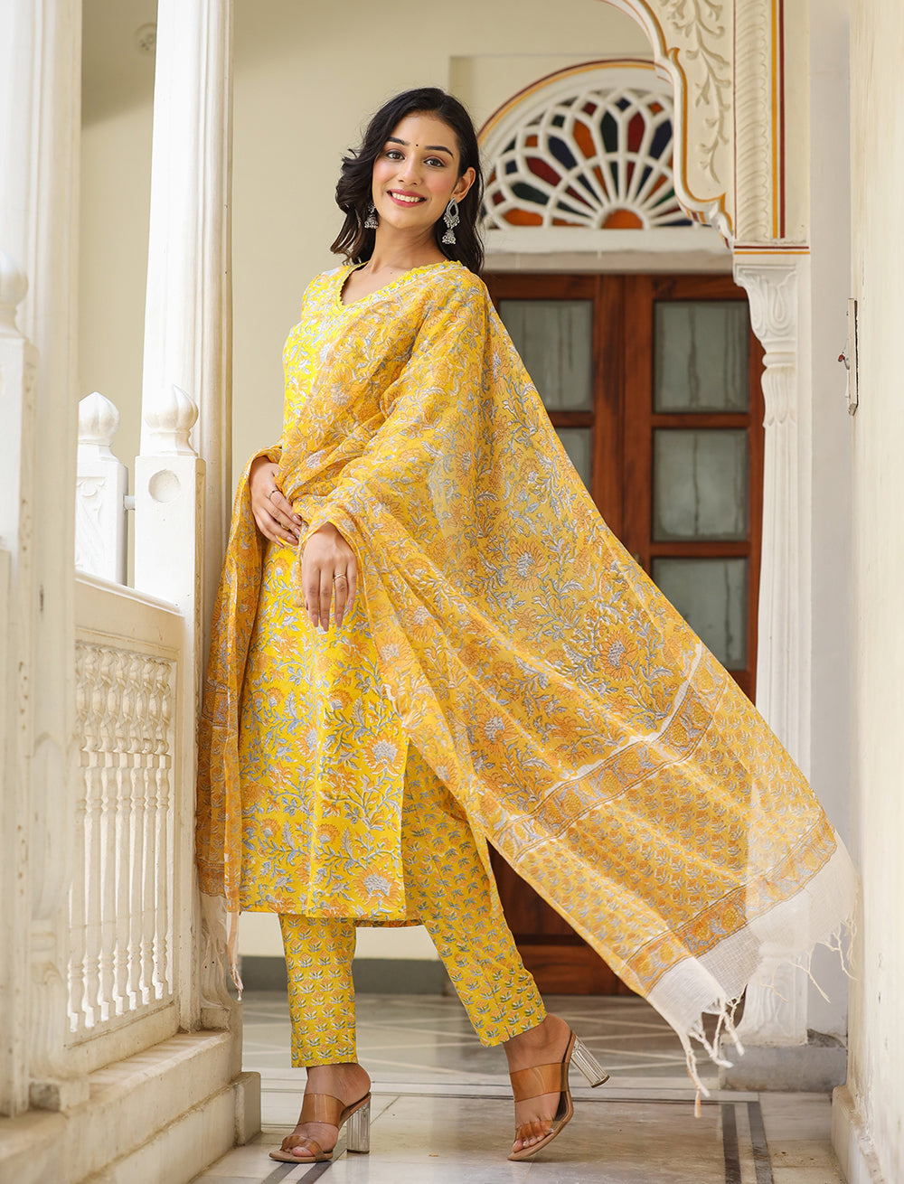 Kaajh Women's Sun Flower Yellow Handblock Cotton Kurta Set With Trouser And Dupatta | Grocsy