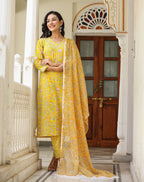 Kaajh Women's Sun Flower Yellow Handblock Cotton Kurta Set With Trouser And Dupatta | Grocsy