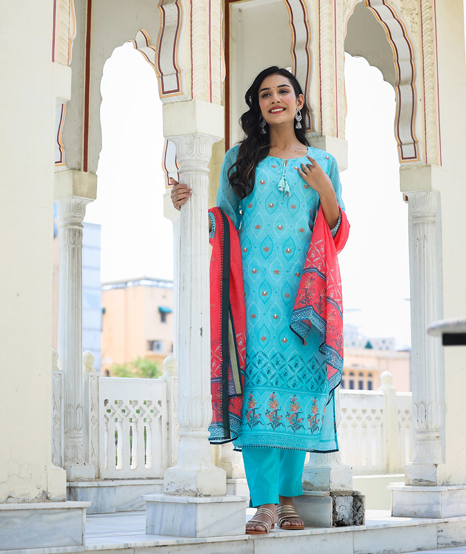 Kaajh Women's Sky Blue Printed Chanderi Kurta Pant Set With Dupatta | Grocsy