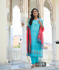 Kaajh Women's Sky Blue Printed Chanderi Kurta Pant Set With Dupatta | Grocsy