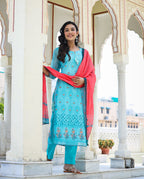Kaajh Women's Sky Blue Printed Chanderi Kurta Pant Set With Dupatta | Grocsy