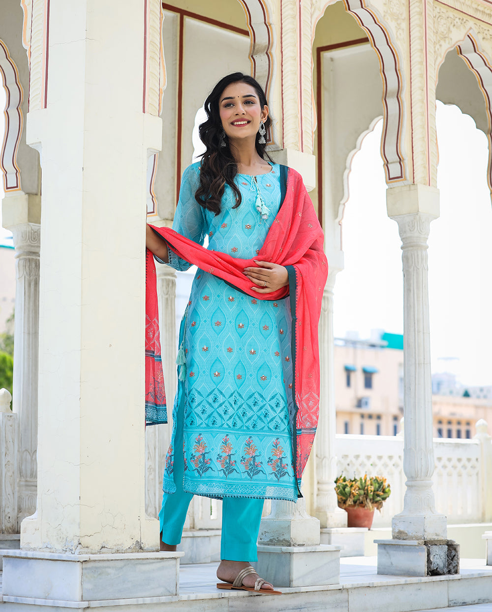 Kaajh Women's Sky Blue Printed Chanderi Kurta Pant Set With Dupatta | Grocsy