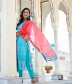Kaajh Women's Sky Blue Printed Chanderi Kurta Pant Set With Dupatta | Grocsy