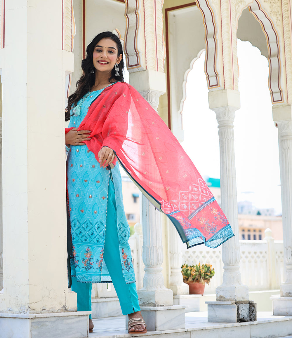 Kaajh Women's Sky Blue Printed Chanderi Kurta Pant Set With Dupatta | Grocsy