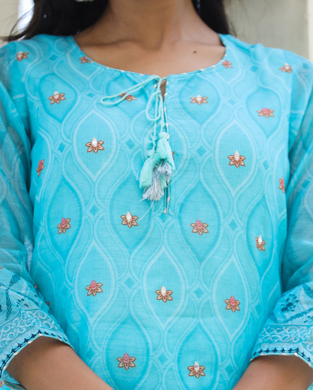 Kaajh Women's Sky Blue Printed Chanderi Kurta Pant Set With Dupatta | Grocsy