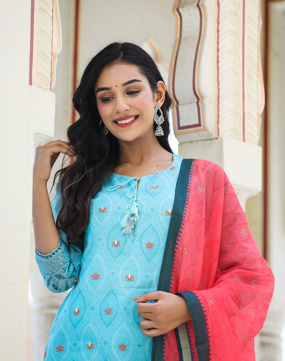 Kaajh Women's Sky Blue Printed Chanderi Kurta Pant Set With Dupatta | Grocsy