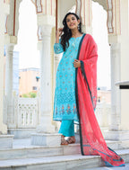 Kaajh Women's Sky Blue Printed Chanderi Kurta Pant Set With Dupatta | Grocsy