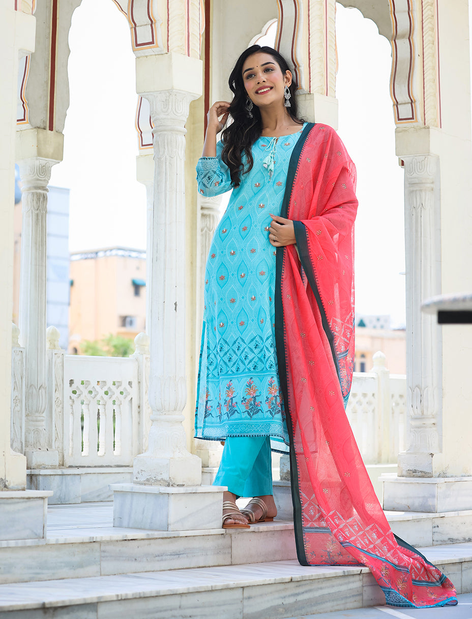 Kaajh Women's Sky Blue Printed Chanderi Kurta Pant Set With Dupatta | Grocsy