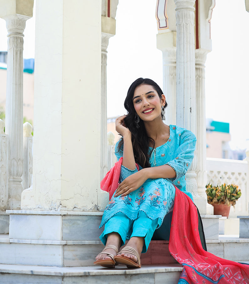 Kaajh Women's Sky Blue Printed Chanderi Kurta Pant Set With Dupatta | Grocsy