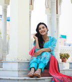 Kaajh Women's Sky Blue Printed Chanderi Kurta Pant Set With Dupatta | Grocsy