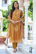 Kaajh Women's Mustard Festive Chanderi Print Kurta Set With Trouser And Dupatta | Grocsy