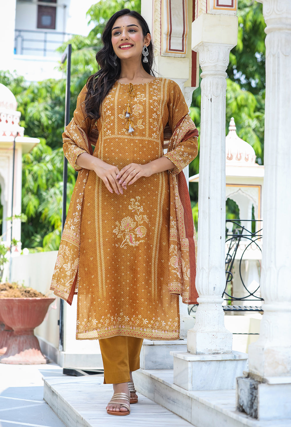 Kaajh Women's Mustard Festive Chanderi Print Kurta Set With Trouser And Dupatta | Grocsy