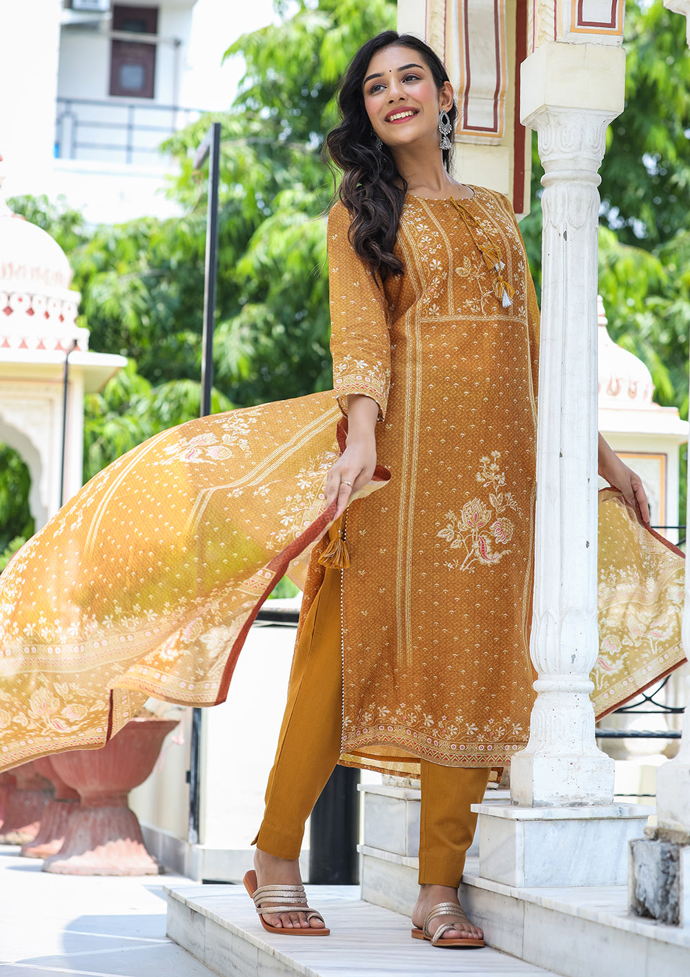 Kaajh Women's Mustard Festive Chanderi Print Kurta Set With Trouser And Dupatta | Grocsy