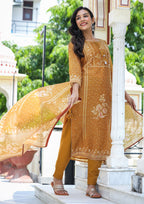 Kaajh Women's Mustard Festive Chanderi Print Kurta Set With Trouser And Dupatta | Grocsy