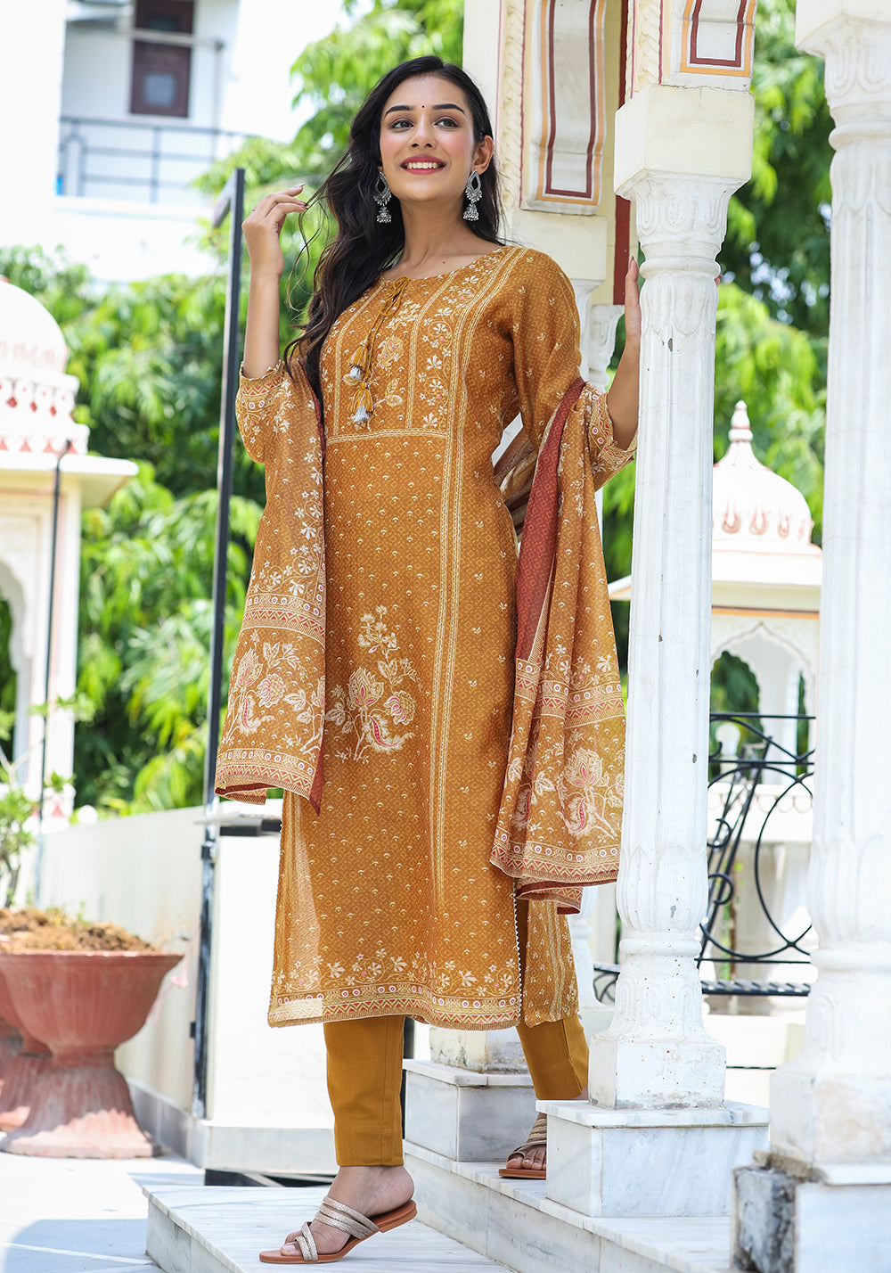 Kaajh Women's Mustard Festive Chanderi Print Kurta Set With Trouser And Dupatta | Grocsy