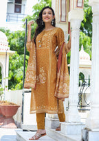 Kaajh Women's Mustard Festive Chanderi Print Kurta Set With Trouser And Dupatta | Grocsy