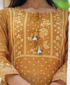 Kaajh Women's Mustard Festive Chanderi Print Kurta Set With Trouser And Dupatta | Grocsy