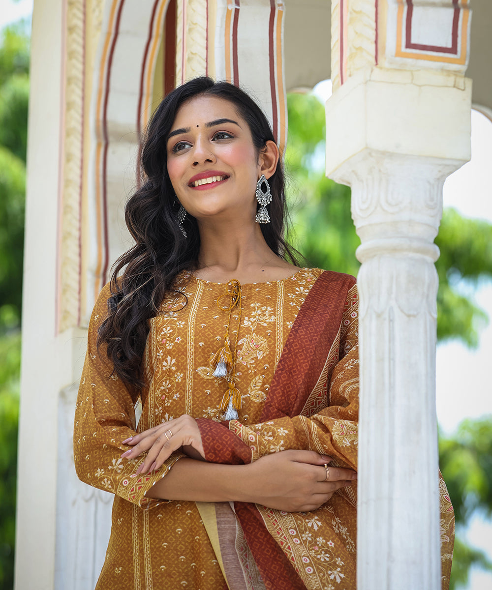 Kaajh Women's Mustard Festive Chanderi Print Kurta Set With Trouser And Dupatta | Grocsy