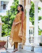 Kaajh Women's Mustard Festive Chanderi Print Kurta Set With Trouser And Dupatta | Grocsy