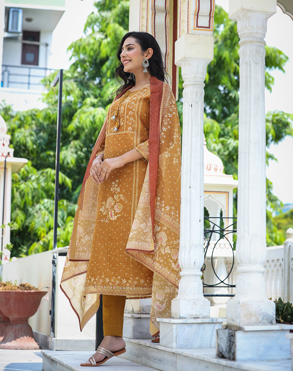 Kaajh Women's Mustard Festive Chanderi Print Kurta Set With Trouser And Dupatta | Grocsy