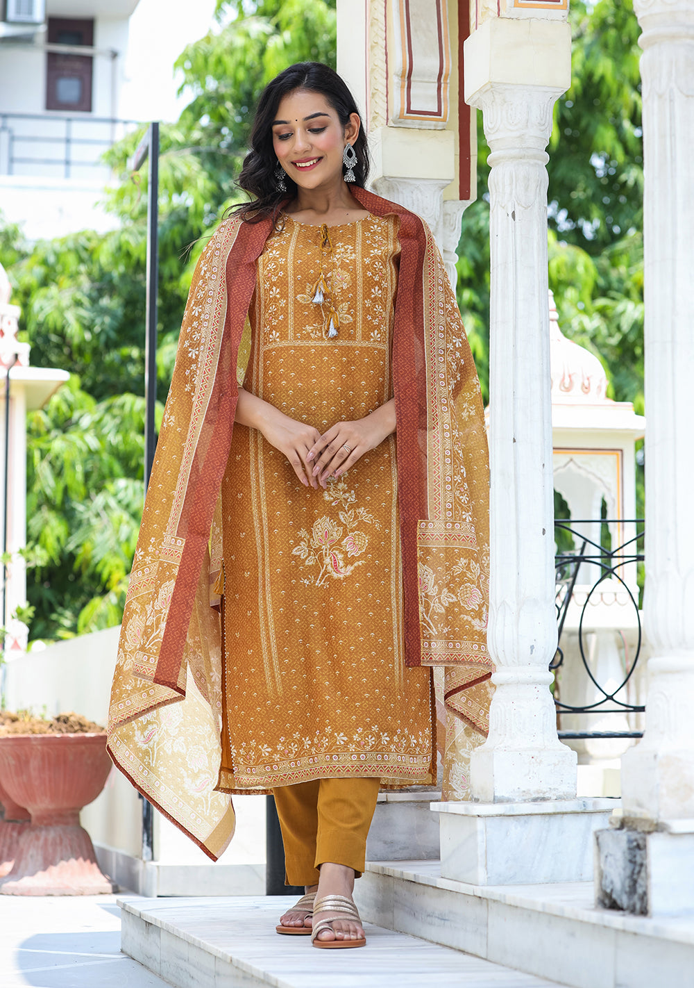Kaajh Women's Mustard Festive Chanderi Print Kurta Set With Trouser And Dupatta | Grocsy