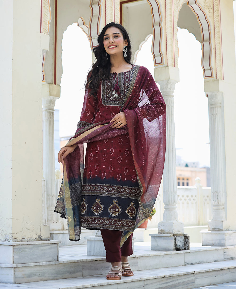 Kaajh Women's Maroon Festive Chanderi Kurta Set With Pant And Dupatta | Grocsy