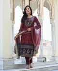 Kaajh Women's Maroon Festive Chanderi Kurta Set With Pant And Dupatta | Grocsy