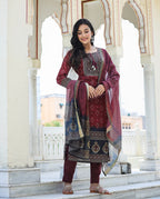 Kaajh Women's Maroon Festive Chanderi Kurta Set With Pant And Dupatta | Grocsy