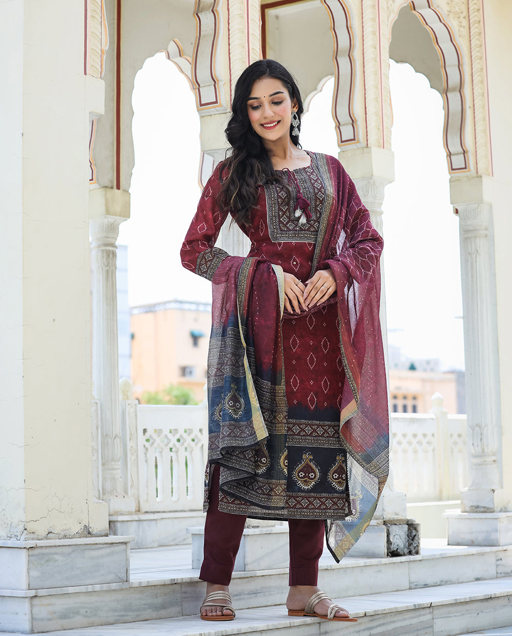 Kaajh Women's Maroon Festive Chanderi Kurta Set With Pant And Dupatta | Grocsy