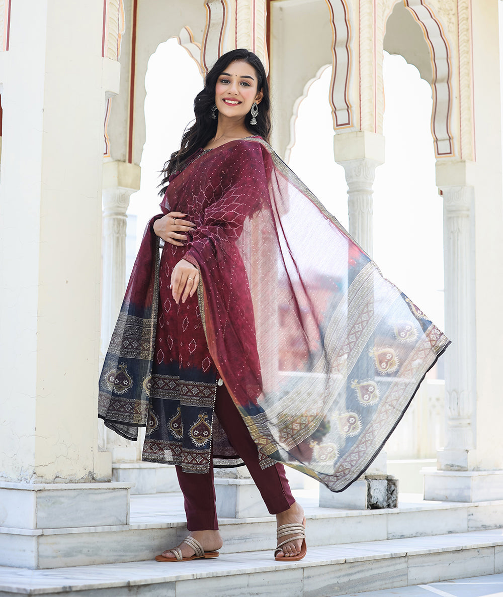 Kaajh Women's Maroon Festive Chanderi Kurta Set With Pant And Dupatta | Grocsy