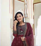 Kaajh Women's Maroon Festive Chanderi Kurta Set With Pant And Dupatta | Grocsy