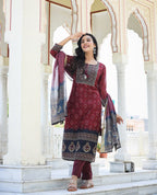 Kaajh Women's Maroon Festive Chanderi Kurta Set With Pant And Dupatta | Grocsy