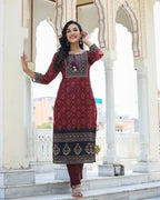 Kaajh Women's Maroon Festive Chanderi Kurta Set With Pant And Dupatta | Grocsy