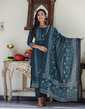 Kaajh Women's Royal Blue Chanderi Kurta Set With Pant And Dupatta | Grocsy