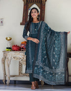 Kaajh Women's Royal Blue Chanderi Kurta Set With Pant And Dupatta | Grocsy