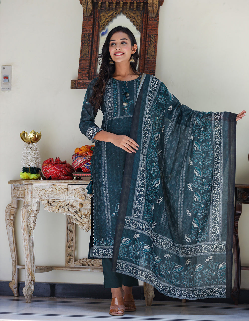 Kaajh Women's Royal Blue Chanderi Kurta Set With Pant And Dupatta | Grocsy