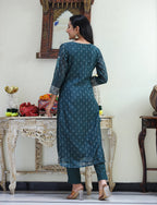 Kaajh Women's Royal Blue Chanderi Kurta Set With Pant And Dupatta | Grocsy