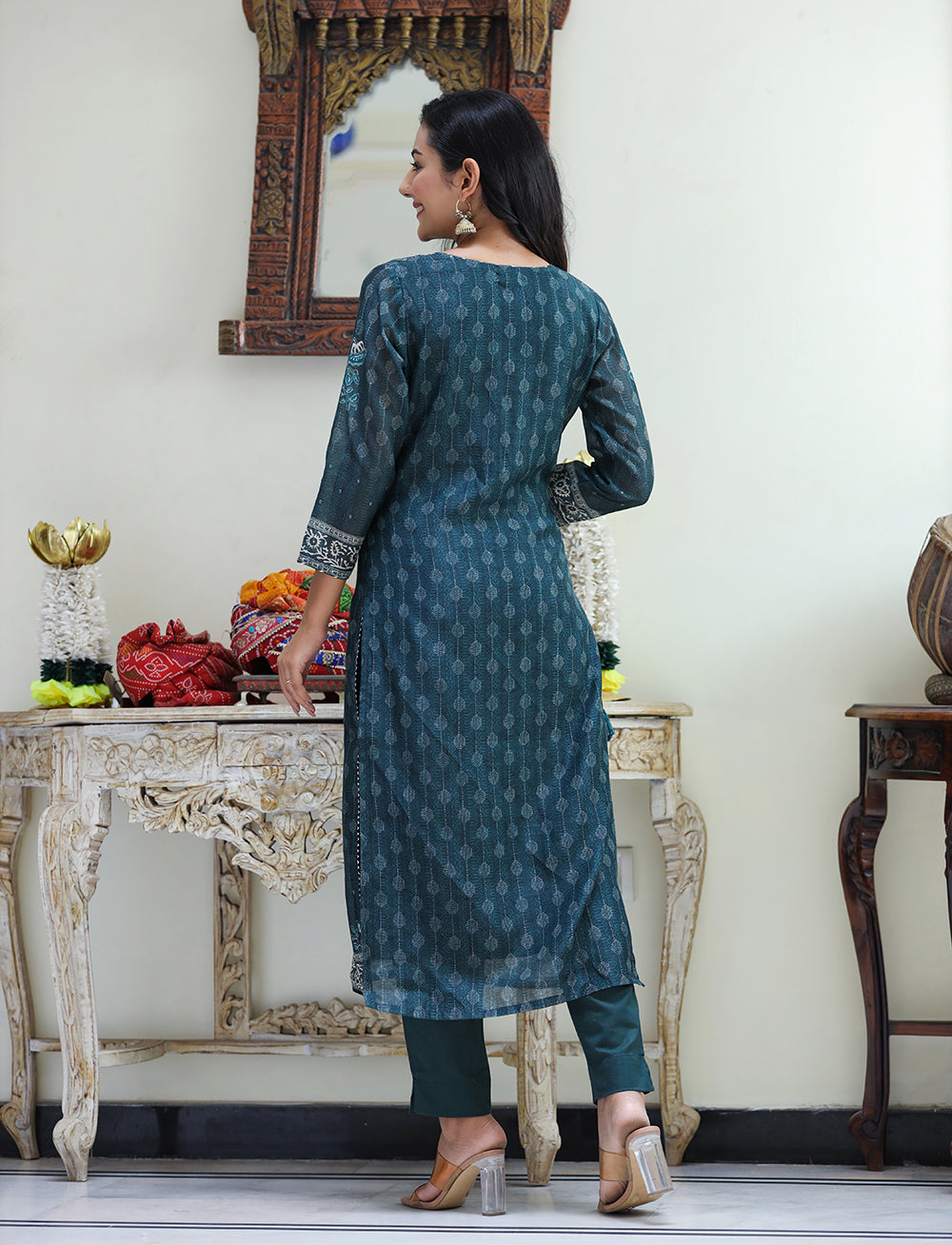 Kaajh Women's Royal Blue Chanderi Kurta Set With Pant And Dupatta | Grocsy