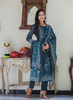 Kaajh Women's Royal Blue Chanderi Kurta Set With Pant And Dupatta | Grocsy