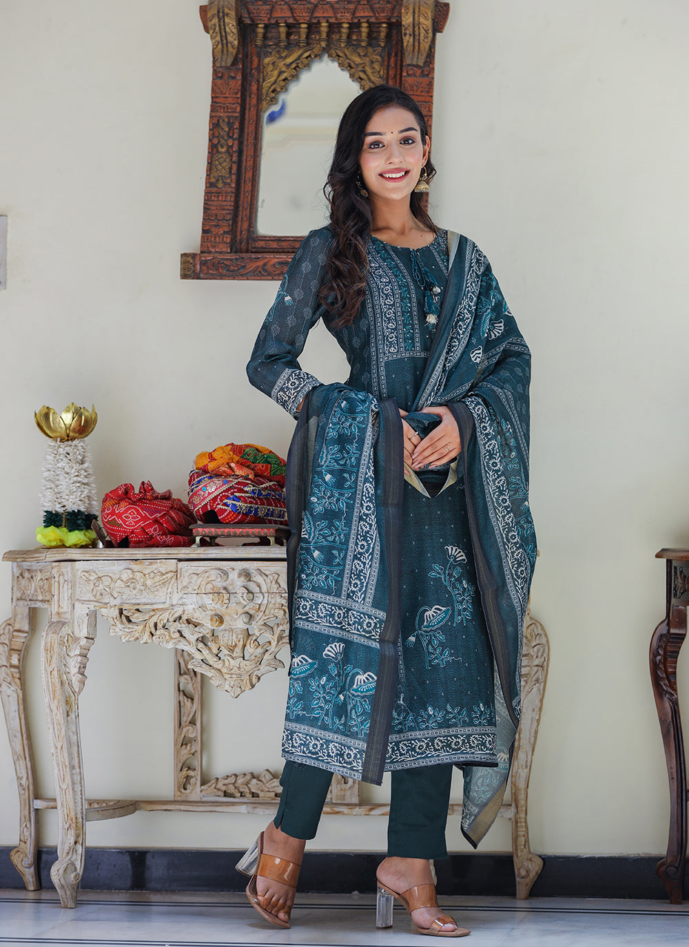 Kaajh Women's Royal Blue Chanderi Kurta Set With Pant And Dupatta | Grocsy