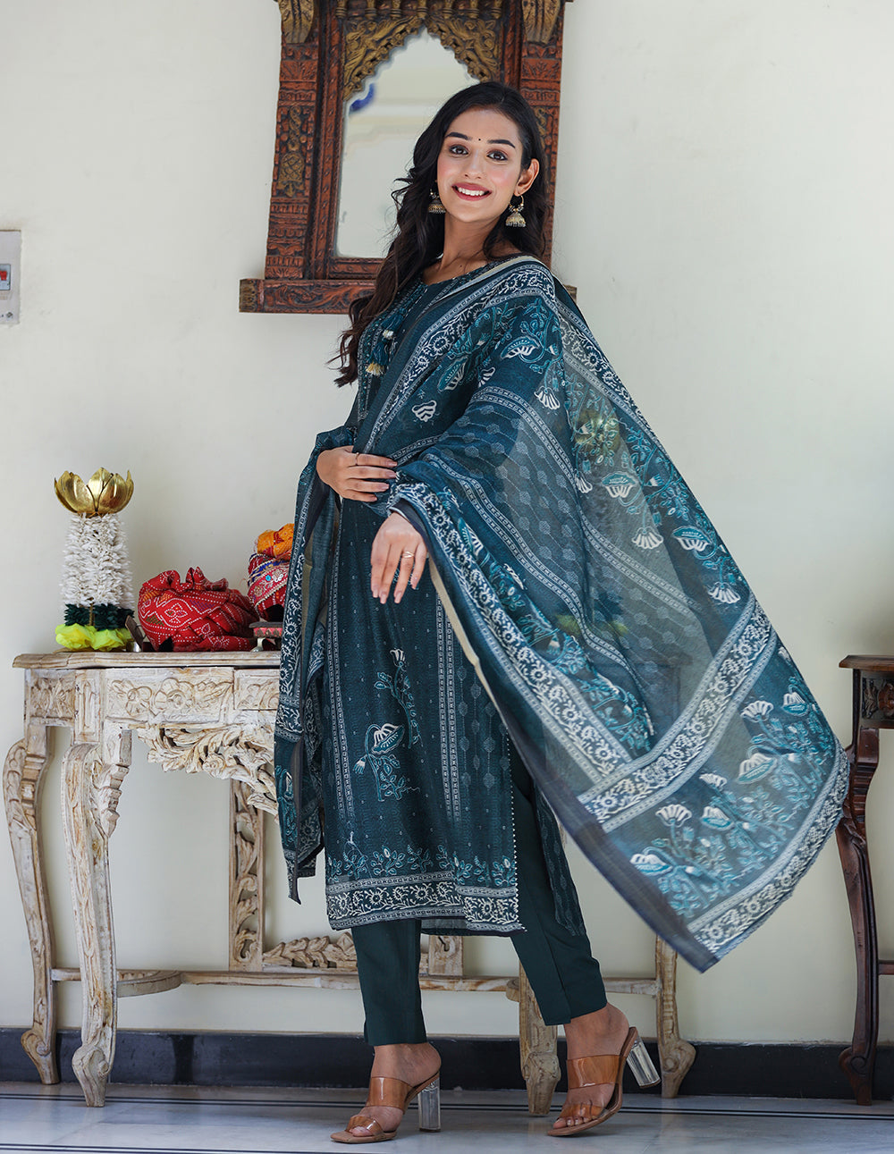 Kaajh Women's Royal Blue Chanderi Kurta Set With Pant And Dupatta | Grocsy