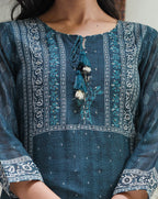 Kaajh Women's Royal Blue Chanderi Kurta Set With Pant And Dupatta | Grocsy
