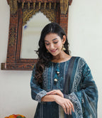 Kaajh Women's Royal Blue Chanderi Kurta Set With Pant And Dupatta | Grocsy