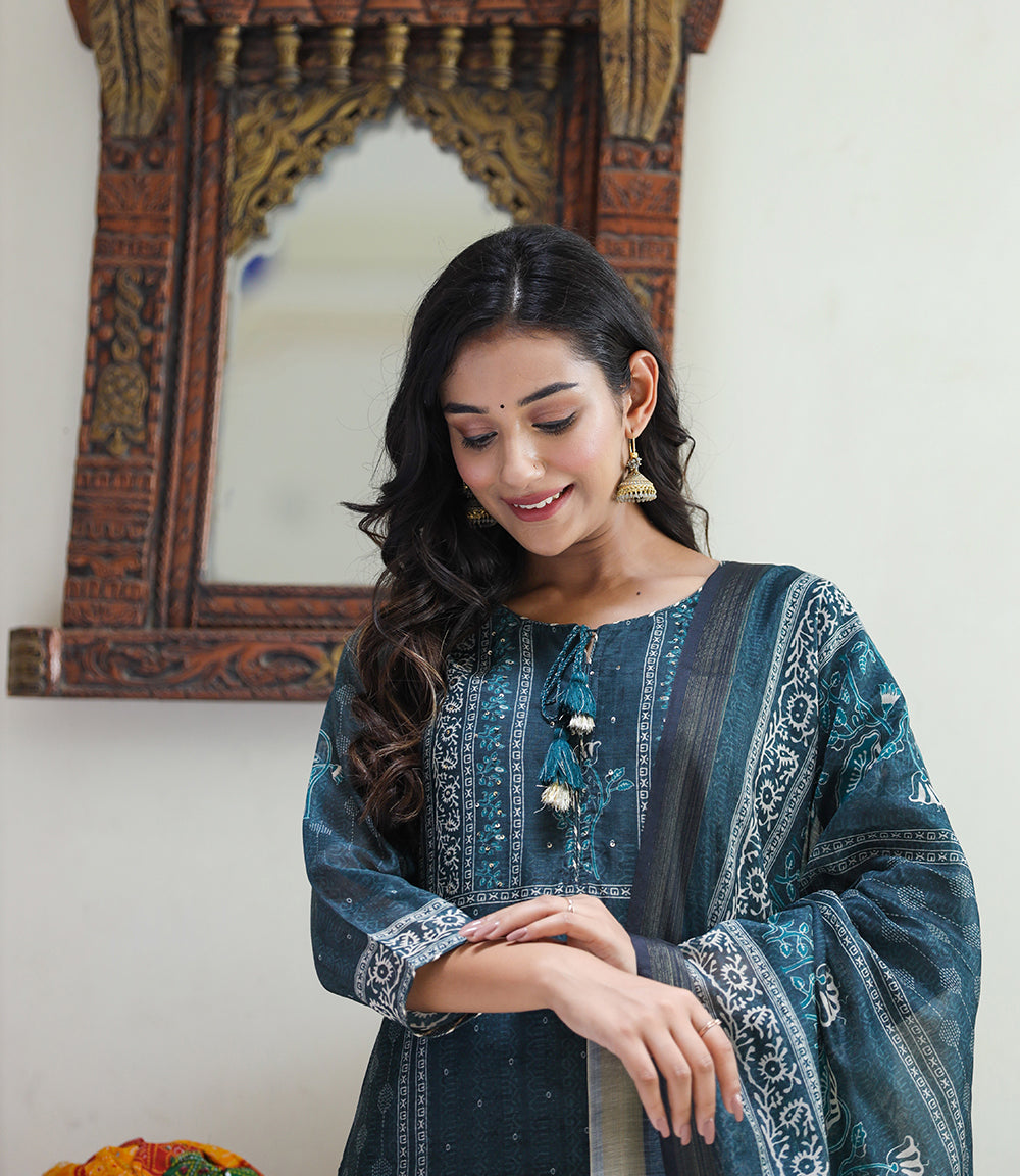 Kaajh Women's Royal Blue Chanderi Kurta Set With Pant And Dupatta | Grocsy