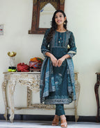 Kaajh Women's Royal Blue Chanderi Kurta Set With Pant And Dupatta | Grocsy