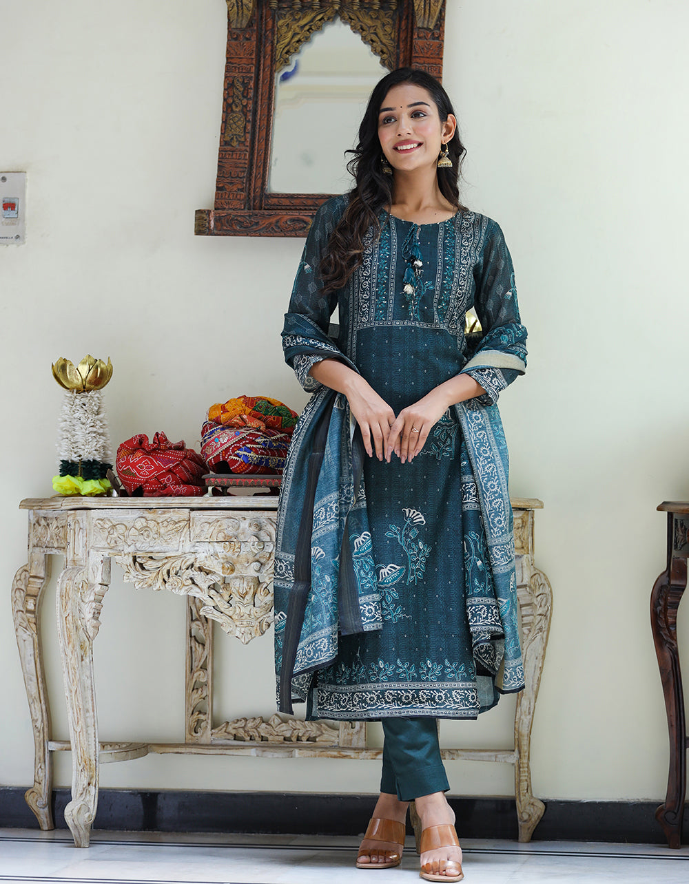 Kaajh Women's Royal Blue Chanderi Kurta Set With Pant And Dupatta | Grocsy