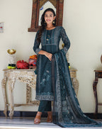 Kaajh Women's Royal Blue Chanderi Kurta Set With Pant And Dupatta | Grocsy